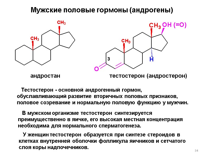 34 Мужские половые гормоны (андрогены) андростан тестостерон (андростерон) Тестостерон - основной андрогенный гормон, обуславливающий